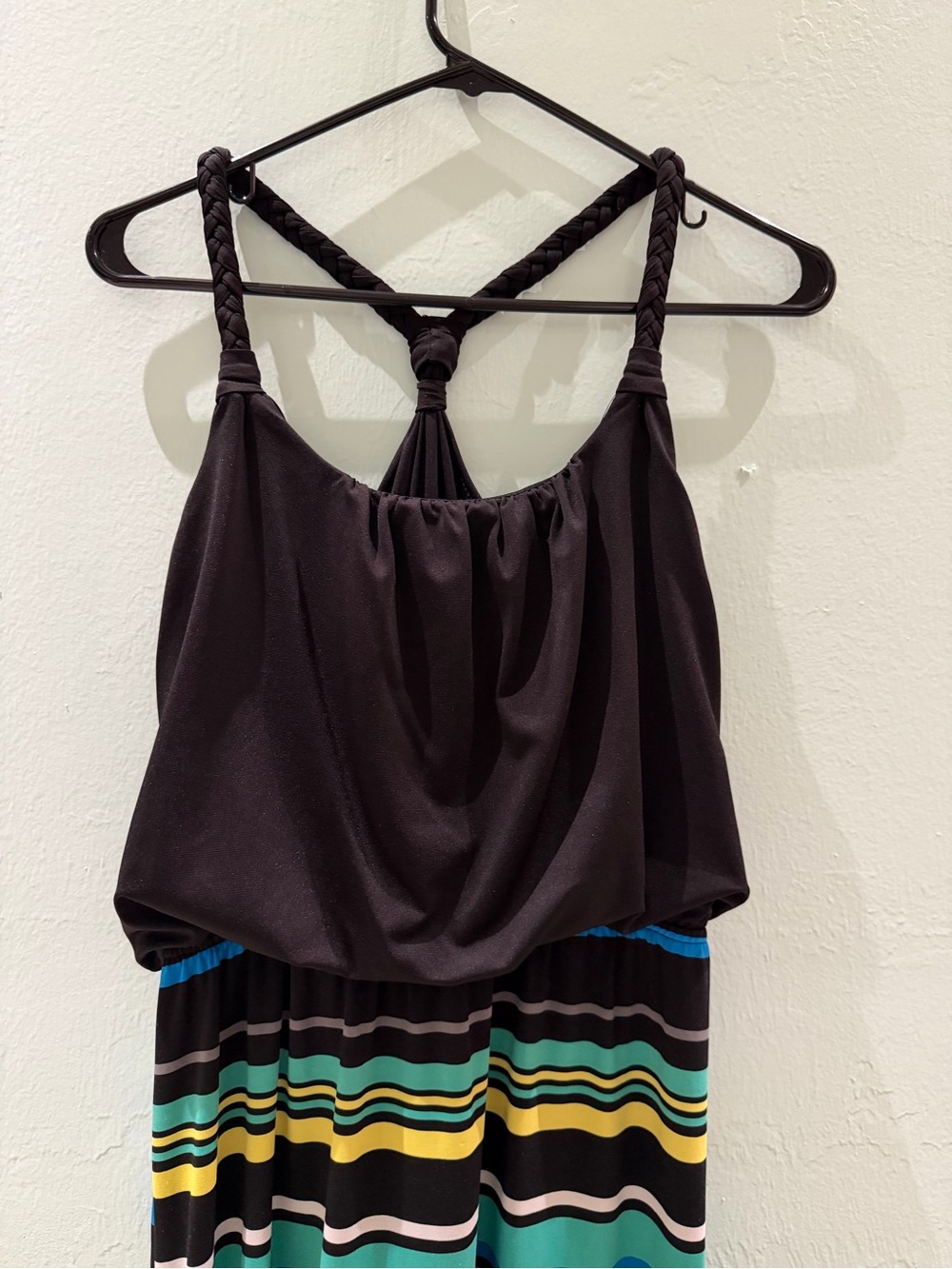 Braided Strap Black Tank Top Maxi Dress with Colorful Striped Skirt